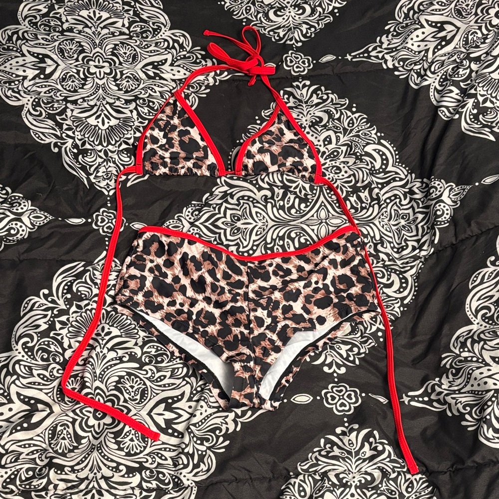 Leopard Print Bikini with Red Trim